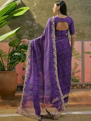Purple bandhani printed  chiffon embellished border saree  & unstitched blouse piece 3