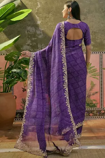 Purple bandhani printed  chiffon embellished border saree  & unstitched blouse piece