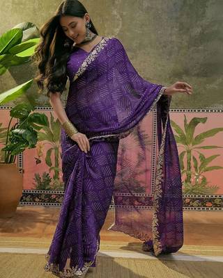Purple bandhani printed  chiffon embellished border saree  & unstitched blouse piece 4