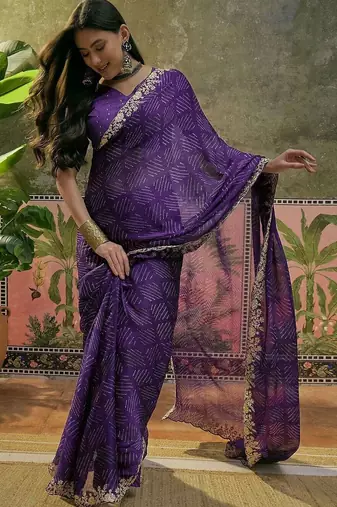Purple bandhani printed  chiffon embellished border saree  & unstitched blouse piece