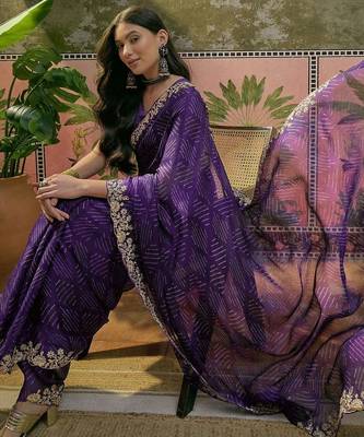 Purple bandhani printed  chiffon embellished border saree  & unstitched blouse piece 5