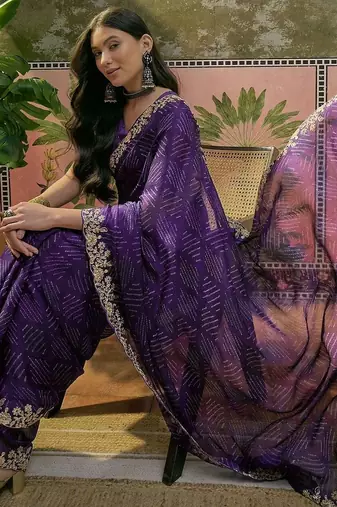Purple bandhani printed  chiffon embellished border saree  & unstitched blouse piece