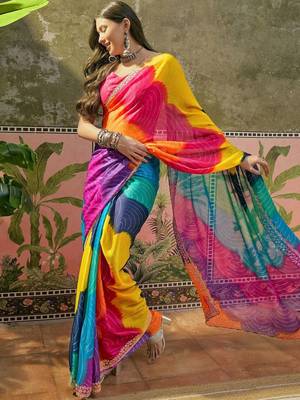 Yellow bandhani printed saree with embellished border and blouse piece 2