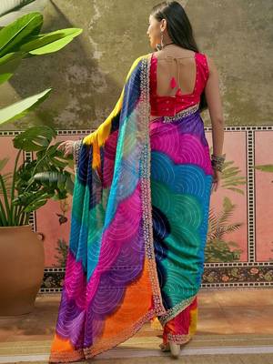 Yellow bandhani printed saree with embellished border and blouse piece 3