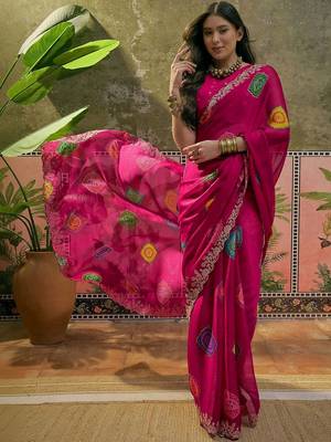 Pink bandhani printed  chiffon saree with embroidered border and blouse piece 1