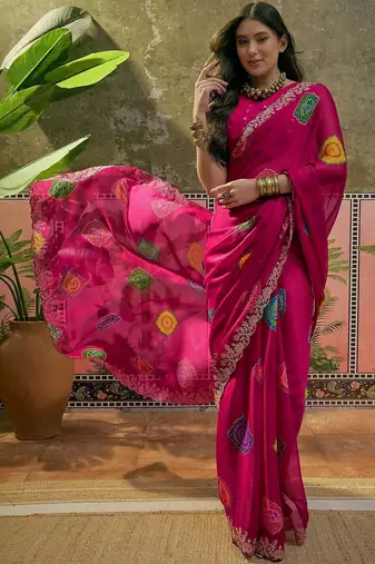 Pink bandhani printed  chiffon saree with embroidered border and blouse piece