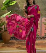 Pink bandhani printed  chiffon saree with embroidered border and blouse piece