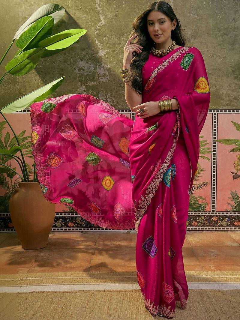Pink bandhani printed  chiffon saree with embroidered border and blouse piece