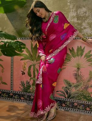 Pink bandhani printed  chiffon saree with embroidered border and blouse piece 2
