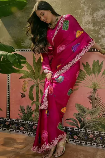 Pink bandhani printed  chiffon saree with embroidered border and blouse piece