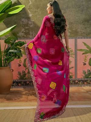 Pink bandhani printed  chiffon saree with embroidered border and blouse piece 3