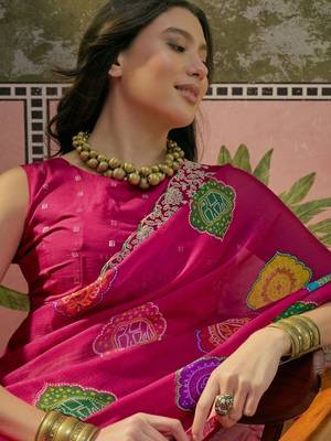 Pink bandhani printed  chiffon saree with embroidered border and blouse piece 4