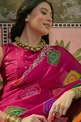 Pink bandhani printed  chiffon saree with embroidered border and blouse piece