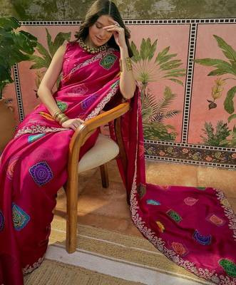 Pink bandhani printed  chiffon saree with embroidered border and blouse piece 5