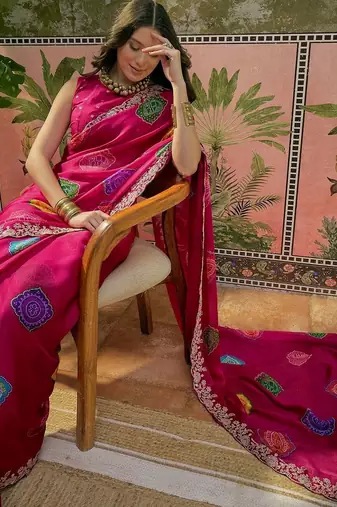Pink bandhani printed  chiffon saree with embroidered border and blouse piece