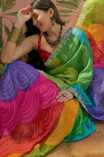 Pink womens multi  chiffon bandhani unstitched blouse piece & sarees