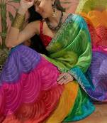 Pink womens multi  chiffon bandhani unstitched blouse piece & sarees