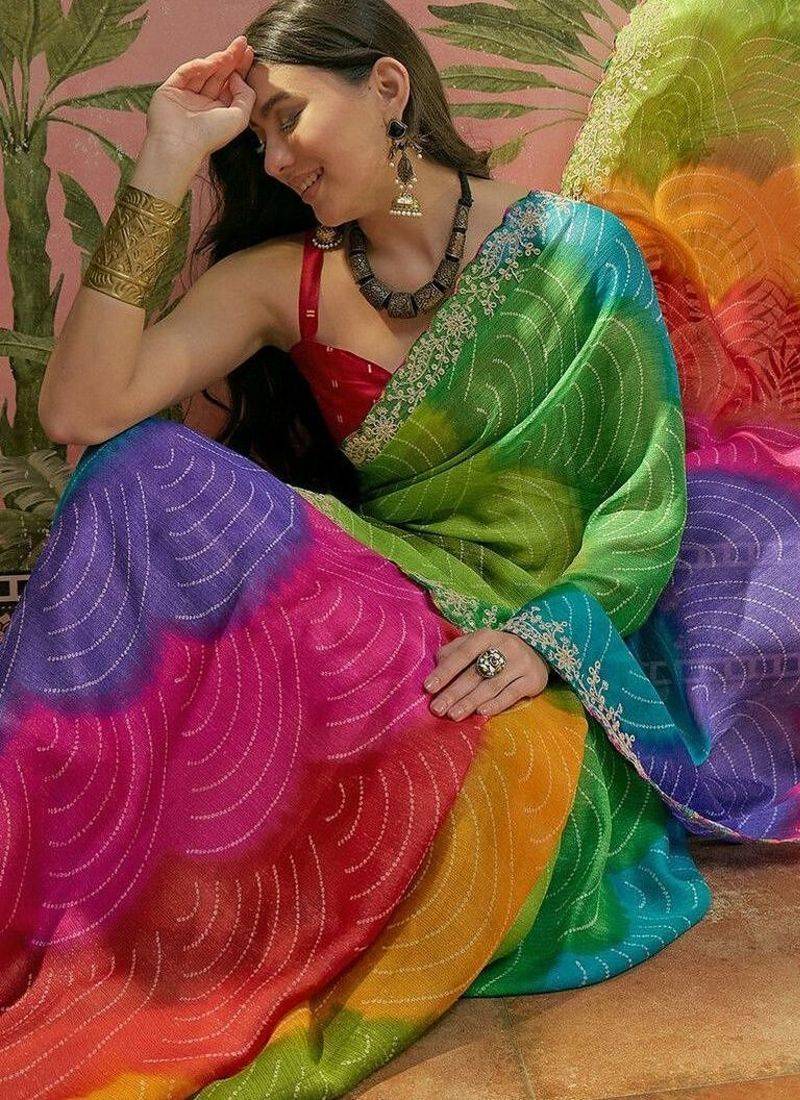 Pink womens multi  chiffon bandhani unstitched blouse piece & sarees