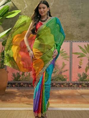 Pink womens multi  chiffon bandhani unstitched blouse piece & sarees 2