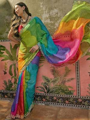 Pink womens multi  chiffon bandhani unstitched blouse piece & sarees 3