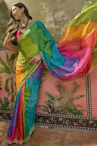 Pink womens multi  chiffon bandhani unstitched blouse piece & sarees