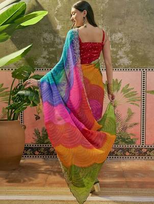 Pink womens multi  chiffon bandhani unstitched blouse piece & sarees 4
