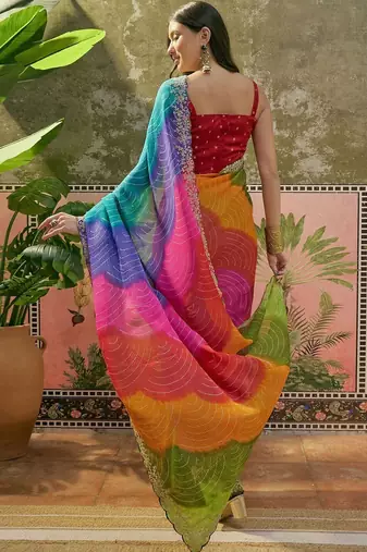 Pink womens multi  chiffon bandhani unstitched blouse piece & sarees