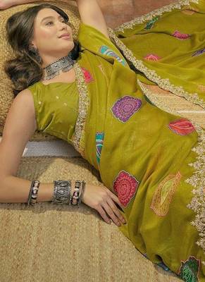 Green bandhani printed  chiffon saree with embroidered border and blouse piece 1