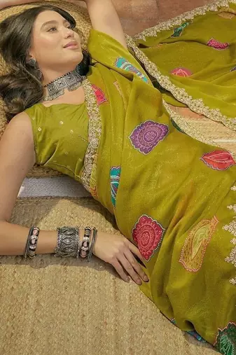 Green bandhani printed  chiffon saree with embroidered border and blouse piece