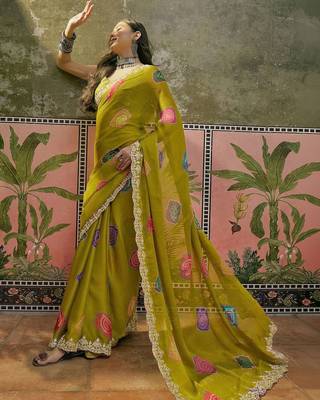 Green bandhani printed  chiffon saree with embroidered border and blouse piece 2