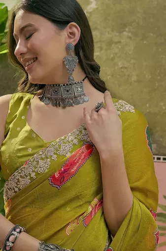 Green bandhani printed  chiffon saree with embroidered border and blouse piece