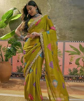 Green bandhani printed  chiffon saree with embroidered border and blouse piece 4