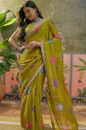 Green bandhani printed  chiffon saree with embroidered border and blouse piece