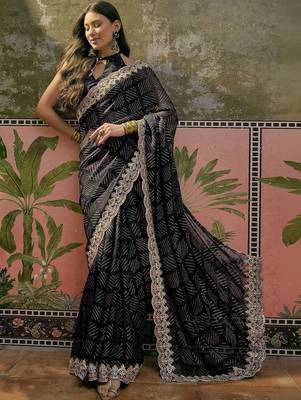 Black womens black  chiffon bandhani unstitched blouse piece & sarees 1