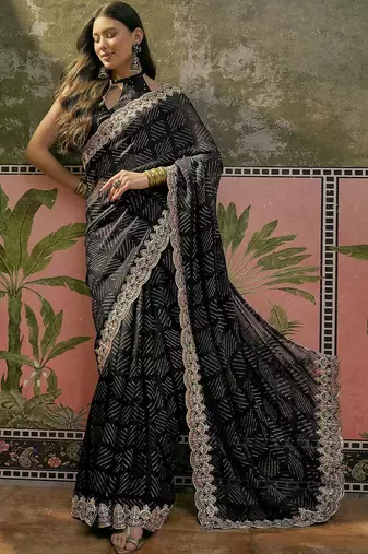 Black womens black  chiffon bandhani unstitched blouse piece & sarees