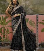 Black womens black  chiffon bandhani unstitched blouse piece & sarees