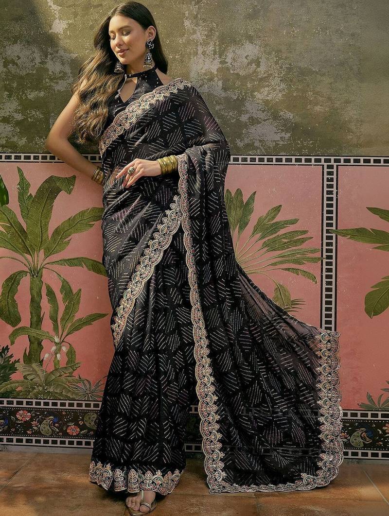Black womens black  chiffon bandhani unstitched blouse piece & sarees
