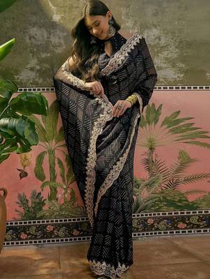 Black womens black  chiffon bandhani unstitched blouse piece & sarees 2