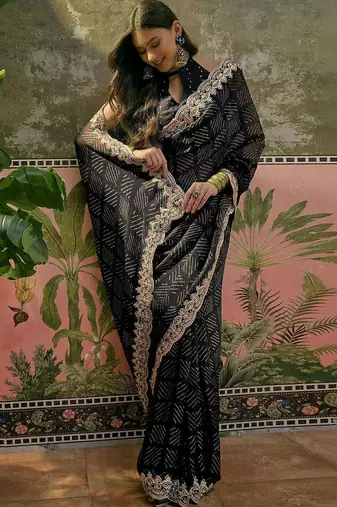 Black womens black  chiffon bandhani unstitched blouse piece & sarees