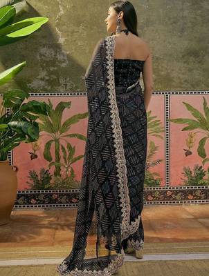 Black womens black  chiffon bandhani unstitched blouse piece & sarees 3