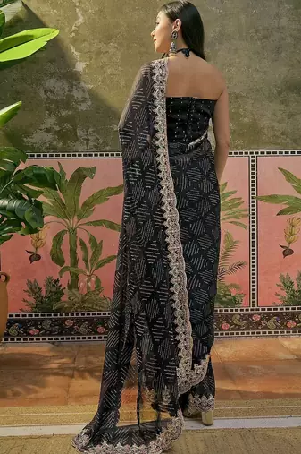 Black womens black  chiffon bandhani unstitched blouse piece & sarees