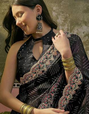 Black womens black  chiffon bandhani unstitched blouse piece & sarees 4