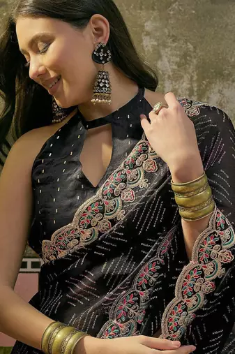 Black womens black  chiffon bandhani unstitched blouse piece & sarees