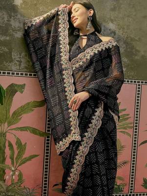 Black womens black  chiffon bandhani unstitched blouse piece & sarees 5