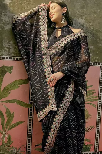 Black womens black  chiffon bandhani unstitched blouse piece & sarees