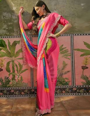 Pink womens pink  chiffon bandhani unstitched blouse piece & sarees 1
