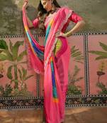 Pink womens pink  chiffon bandhani unstitched blouse piece & sarees