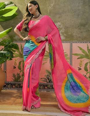 Pink womens pink  chiffon bandhani unstitched blouse piece & sarees 2