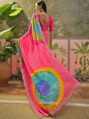 Pink womens pink  chiffon bandhani unstitched blouse piece & sarees 3