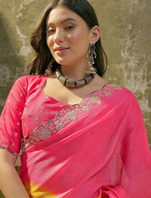 Pink womens pink  chiffon bandhani unstitched blouse piece & sarees 4